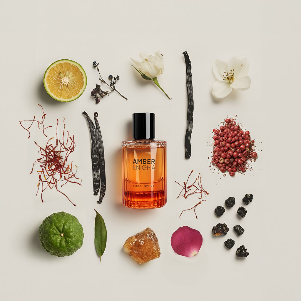 Amber Enigma unisex parfym Eau de Parfum 50 ml från First Sense av Filip Dikmen med doftnoter av rosépeppar, bergamott, saffran, ros, jasmin, svarta vinbär, amber, mysk och vanilj.